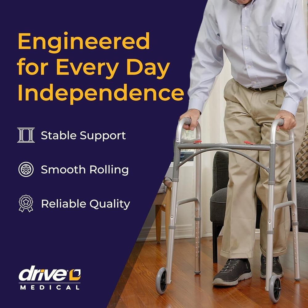 Drive Medical Two-Button Folding Walker Wheels Lightweight Silver New in Box - Picture 2 of 10